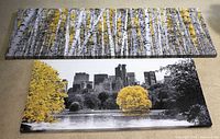 Two canvas panels displayed on floor showing birch tree artwork and cityscape with yellow trees.