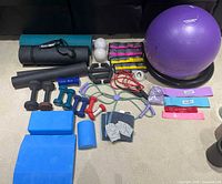 Full lot overview showing exercise ball, weights, bands, yoga blocks and balls laid out on carpet.