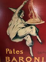 Close-up of chef tossing pasta on red background with text Pâtes Baroni and artist signature Hoffrillez 1921.