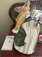 Front view of the two Royal Doulton figurines, Premiere HN2343 figurine in front in white dress and green cape, lady in yellow dress behind.