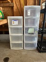 Three plastic drawer storage units side by side showing sizes and drawer counts.