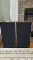 Pair of Atom stereo speakers seen from the front with black fabric covers.