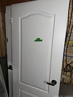 Full view of white interior door showing raised panel design and brushed silver lever handle