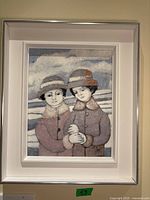 Front view of the signed oil painting showing two ladies in winter attire.