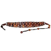 Full view of the handcrafted wooden tie-up belt fully extended, showing the detailed wooden links and leather ties with beads.