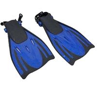 Pair of Bonassi blue and black short open heel flippers, top view showing fin blades and foot pockets with adjustable straps.