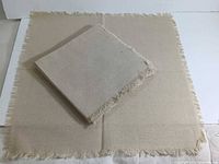 Stack of beige cloth napkins showing one napkin folded on top, featuring fringed edges and visible fabric texture.