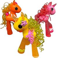 Three Lalaloopsy ponies standing together on white background showing front and side details of each pony.