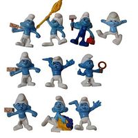 Top view of all ten Smurf figures arranged individually on a white background showing all characters and poses.