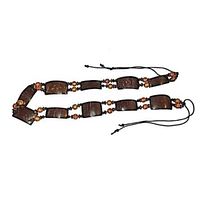 Full length photo of the hand-made tie-up belt showing rectangular polished coconut husks and round wood beads threaded on black cords.