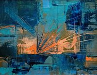 Close-up of central abstract composition showing blue, turquoise and orange layered brushstrokes