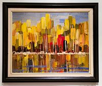 Full frontal view of the framed abstract oil painting showcasing the bright colors and textured brush strokes, with visible signature lower right.
