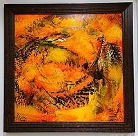Front view of the framed painting showing the entire artwork and frame with visible rich warm colors and textured brushwork.