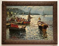 Straight-on image of the oil painting within its carved wooden frame, showing the detailed port scene and overall good condition of both painting and frame.