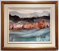 Full frontal view of the painting in its frame, showing composition and frame color