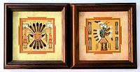 Pair of two small framed Navajo sandpaintings shown side-by-side, dark wood matching frames with certificates of authenticity on backs.