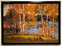 Straight-on view of framed painting showing full artwork