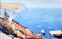 Close-up of the oil painting showing the coastal cliffs, ocean, and boats in bright blue and earthy tones.