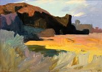 Oil on paper abstract landscape painting with warm earth tones, textured brushstrokes, unframed.