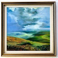 Straight-on view of the entire framed and matted landscape oil painting