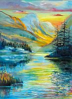 Close-up of original oil painting showing colorful mountain landscape with river and trees, prominently signed 'M. R.' 2025.