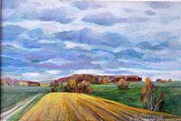 Close-up of oil painting on paper showing golden field, trees, and cloudy sky with artist signature B. Cimacyk and date 2024.