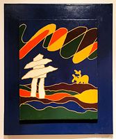 Front view of artwork showing smaller 18x14 inch brightly colored canvas mounted on larger 24x20 inch painted canvas with dark blue edges.