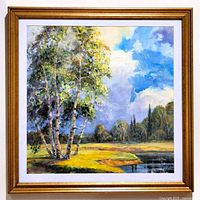 Front view of the framed oil painting showing the landscape art with birch trees, water, and sky.