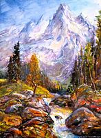 Close-up view of the oil painting showing mountain and stream landscape with rich colors and texture.