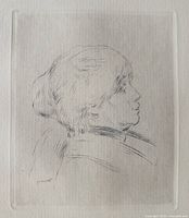 Close-up of etched impression showing side profile details and artist’s signature in plate lower left