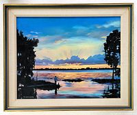 Full view of the oil painting in its vintage frame showing the sunset fishing scene