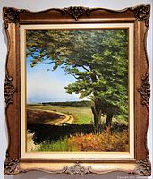 Full front view of the framed oil painting showing the rustic landscape and vintage frame.