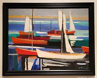 Framed oil painting showing marina with sailboats, signed lower right by S. Morency, new black frame in excellent condition.