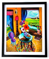 Frontal view of the framed serigraph artwork showing vibrant interior and landscape scene.