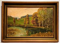 Full front view of the framed vintage Canadian oil painting depicting a landscape with water, trees, and hills, signed Gardner 1945 lower right.
