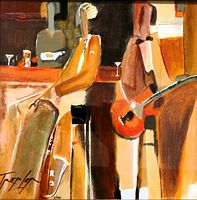 Close-up of the serigraph artwork showing abstract bar scene with warm colors and the artist's signature and edition numbering.