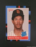 Photo of the 1988 Roberto Alomar rookie card by Donruss, card #34, showing front with player portrait and branding.