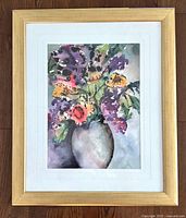 Framed watercolour painting showing complete artwork and frame, floral bouquet in vase