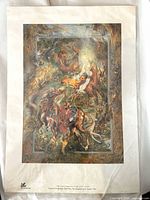 Full view of the vintage print showing the colorful detailed artwork of natural and mythical scene with animals and figures central to the composition.