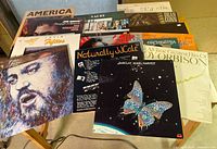 Photo showing vinyl record albums with visible titles including Roy Orbison, Barclay James Harvest, Salsoul Orchestra, Olivia Newton-John, and American Graffiti soundtrack.