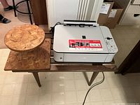 Canon Pixma MP250 printer placed on wooden bench alongside the pedestal stand; visible floor and room background.