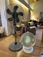 Both the Weatherworks pedestal fan and the Presto Heat Dish heater visible together in room setting.