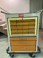 Front view of rolling tool cabinet with bins and drawers