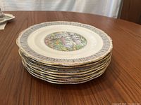 Stack of 8 large 11 inch vintage dinner plates showing edge detail with gold trim and gray-white border