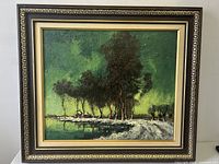 Front view of signed Leo Maustal oil painting depicting a treeline landscape with green sky
