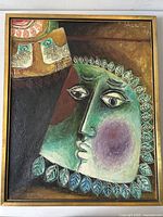 Frontal photo of the painting showing the entire canvas with the signed detail in the top right corner and the colorful figurative design.