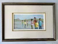 Full view of framed oil painting on board by Joan Pearson showing a group of children and adults at a county fair.