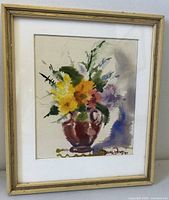 Front view of the framed watercolor painting showing the floral bouquet in a brown vase.
