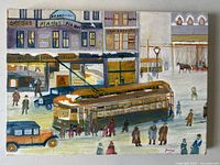 Full view of the oil painting showing the winter street scene with streetcar and pedestrians in Quebec, showcasing the folk art style and overall composition.