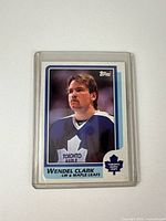 Front view of Wendel Clark rookie card in plastic case